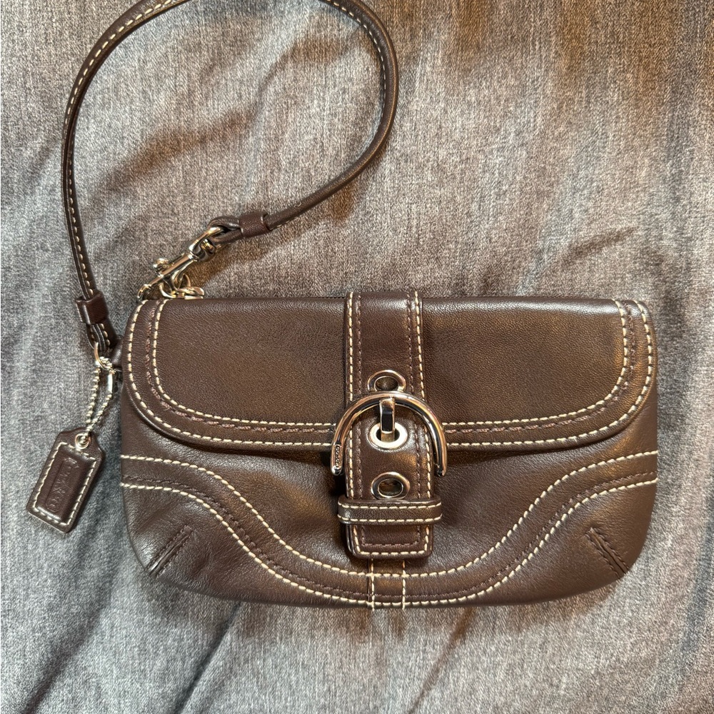 Coach Black Leather Wristlet Clutch with Buckle Detail